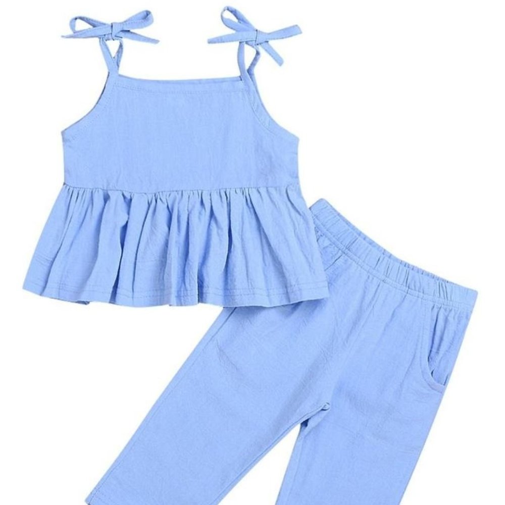 DENIM TIE RUFFLE TOP WITH PANTS